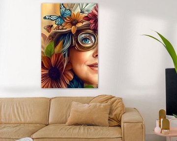 Vrouw met bloemenhoed en vlinders – dromerig vrouwelijk portret van Marijke Trienekens