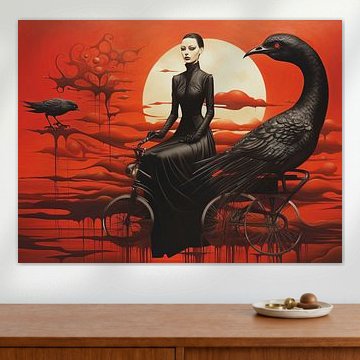 Surreal Femme Oiseaux noir rouge Véhicule Paysage mystique