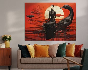 Surreal vrouw vogels zwart rood voertuig landschap mystiek van gm_designs