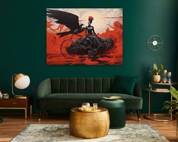 Surreal woman bird black red vehicle landscape mystical