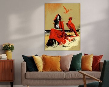 surrealistische vrouw rode cape rode vogel strand zand mystiek van gm_designs