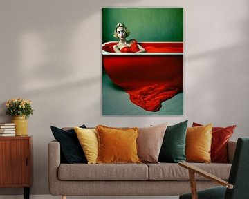 Surréaliste femme blonde robe rouge baignoire rouge reposant drame sur gm_designs