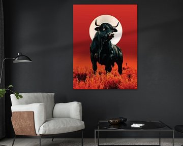 Midnight Fury - Majestic Black Bull Under Crimson Moon Muur Art van Ramy Salah Hefny