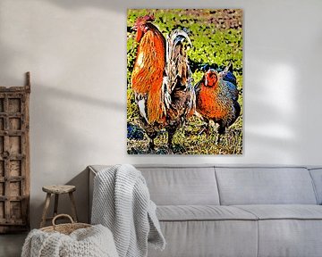 Coq et poule mixed media sur Werner Lehmann