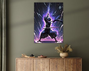 Black Samurai holding Katana in Neon