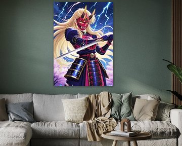 Female Anime Samurai wearing Oni Mask holding Katana