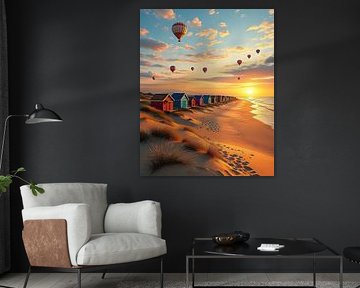 Kleurrijke ballonnen in de lucht aan de kust