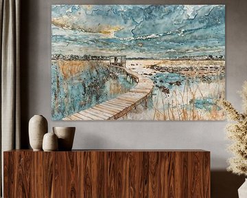 Stille im Sumpf - Aquarell einer Vogelbeobachtungshütte von Retrotimes