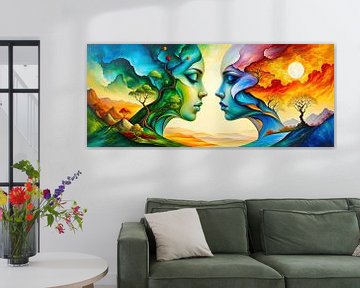 Surrealistische abstractie tussen aarde en lucht - de stille samensmelting van twee vrouwelijke gezichten in een surrealistisch droomlandschap van natuur, elementen en emoties van AidasignArt