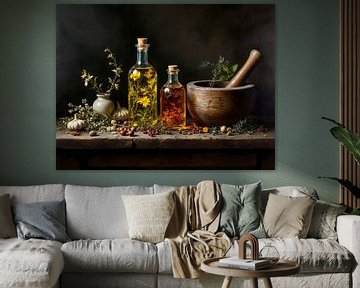 Kruiden, bloemen en oliën – klassiek stilleven met houten vijzel van Basahen