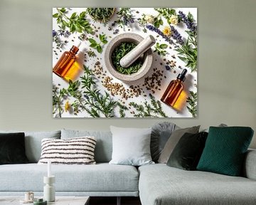 Kruiden, bloemen, vijzel en etherische olie. van Basahen