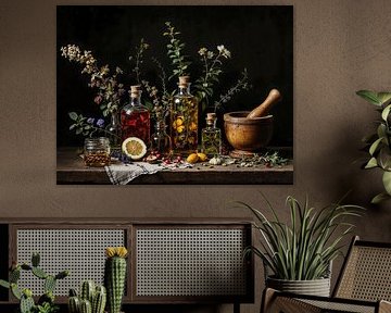 Stilleben Kräuter, Blumen und ätherisches Öl von Basahen