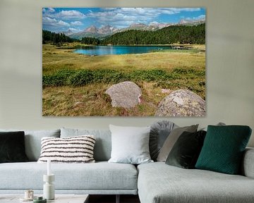 View on Lej da Staz mountain lake, Alpine landscape & mountain peaks in background by Steven Van Aerschot