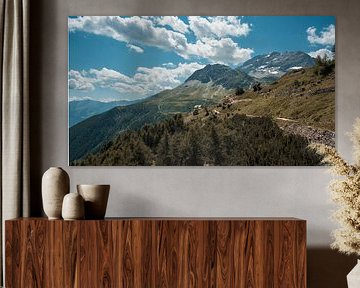 majestic alpine trail in bernina Alps, snowcapped peaks and charming mountain hut by Steven Van Aerschot