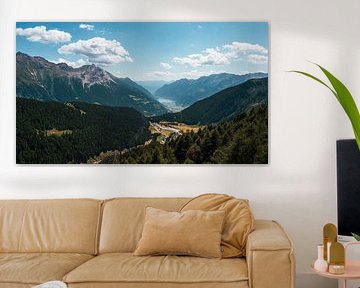 breathtaking panoramic view of Poschiavo valley and lake from Alp Grum in Swiss Alps. by Steven Van Aerschot