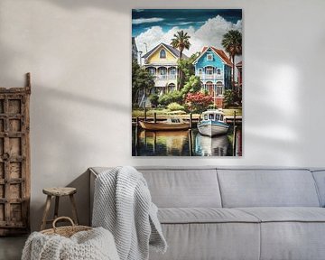 Coastal town Houses Boats Palm trees Reflection Landscape