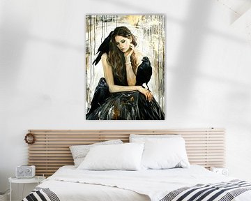 Jonge vrouw zwarte jurk raaf melancholische graffiti van gm_designs