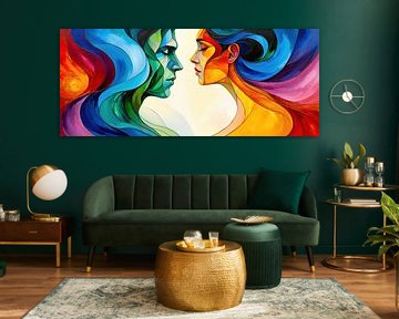 Abstracte gezichten van man en vrouw, gehuld in een kleurenspel van diepblauw, fel oranje en zacht geel van AidasignArt
