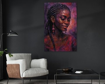 Innerlijke rust (Afrikaanse vrouw met ogen dicht schilderij rood paars)