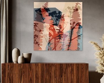 Bloemen en bladeren in terra, lila, blauw en beige. van Dina Dankers