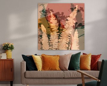 Varensbladeren en zomerbloemen in zachte kleuren. van Dina Dankers