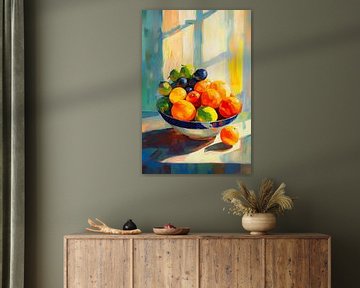 Buntes Stilleben mit Früchten im Sonnenlicht - Moderner Malereistil von But First Framing