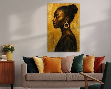 In stil vertrouwen (Afrikaanse vrouw, gesloten ogen, okergeel, krachtig, sereen, acrylverf, schilderij)