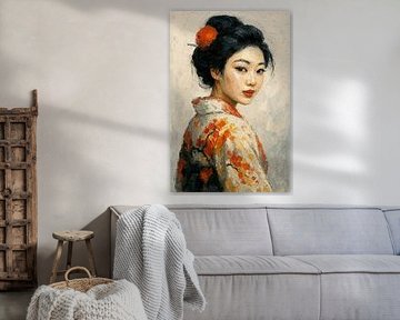 Stille in Seide (Geisha, Porträt, Frau, Kimono, Acrylfarbe, Japanisch, Malerei)
