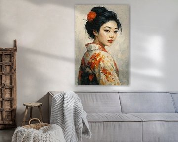 Stilte in zijde (Geisha, portret, vrouw, kimono, acrylverf, Japans, schilderij)