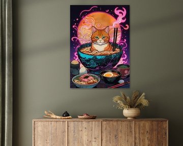 Chat orange à l'intérieur d'un bol de ramen