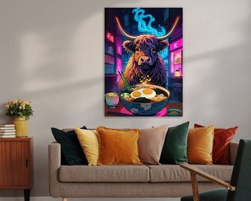 Hooglandse koe die Ramen Noodle eet van MIROKKU