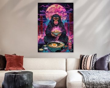 Chimpansee eet Japanse Ramen in kom van MIROKKU