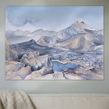 Coastal town surrounded by mountains