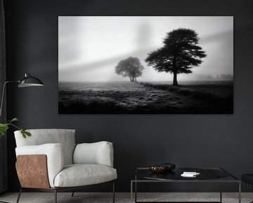 Twee bomen op een mistig veld van Transmutation Art