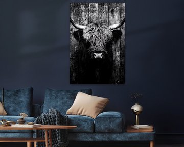 Schotse hooglander voor houten wand van Imperial Art House