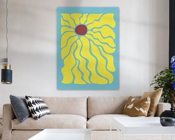 Retro 70s stijl golvende illustratie van een zonnebloem met blauwe lucht van The Art Kroep