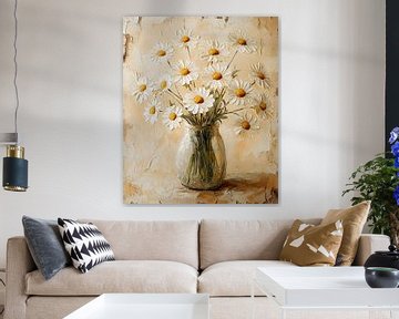 Veldboeket in Paletmesstijl – Madeliefjes in Glas op Rustieke Muur van But First Framing