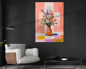 Pink dreams: Gouache wildflowers on chequered pattern
