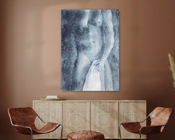 Naakte man met handdoek pastel brooklyn blauw van Krista Kitsz Art