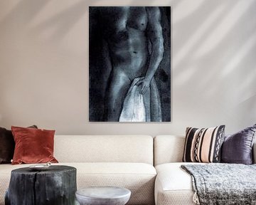 Naakte man met handdoek pastel middernacht blauw van Krista Kitsz Art