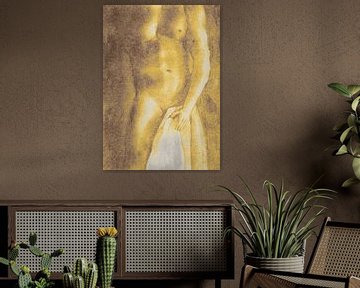 Naakte man met handdoek pastel goud geel bruin van Krista Kitsz Art