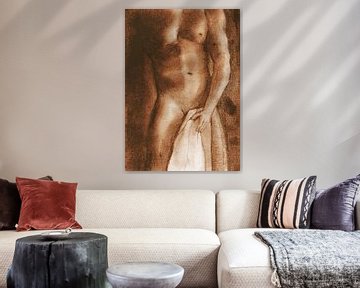 Naakte man met handdoek pastel goud bruin van Krista Kitsz Art