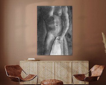 Naakte man met handdoek pastel grijs zwart wit van Krista Kitsz Art