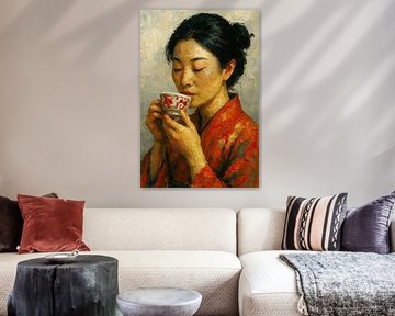 Ochtendthee ( Aziatische vrouw drinkt thee kimono portret schilderij uitrusten stilte)