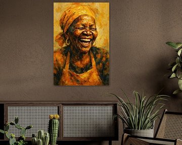 De kracht van een glimlach (Lachende oude Afrikaanse oma vrouw met kookschort schilderij) van Natalie Bruns