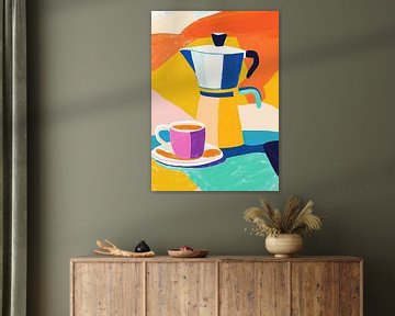 Colourful coffee pot - Matisse-inspired illustration with cup