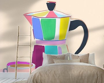 Bunte Espressokanne – Moderne Kaffeeillustration in Pastell von Niklas Maximilian