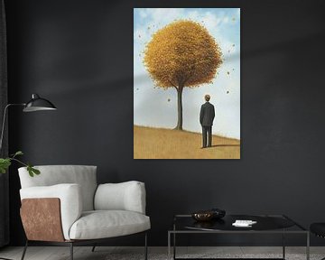 Herfstgedachten - Minimalistische poster met man onder boom van Niklas Maximilian