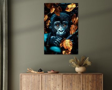 Singe mignon dans les feuilles d'automne sur Art & Soul Creations
