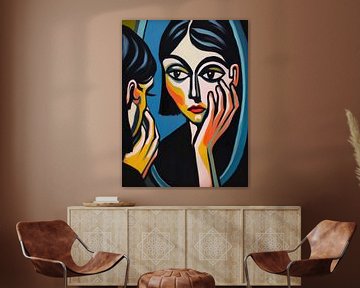 Jonge vrouw in een spiegel | expressionistisch schilderij van Frank Daske | Foto & Design